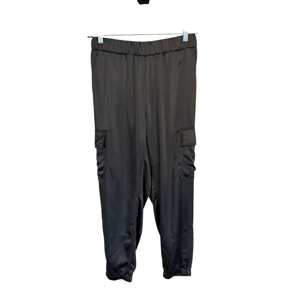 J. Society Satin Cargo Jogger Pants M Black Y2K Streetwear Utility Casual Comfy